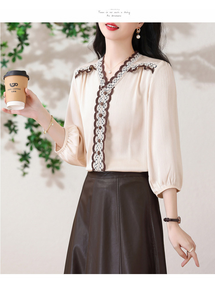 新款法式轻奢绣花醋酸皱宽松气质百搭九分袖衬衣·V领杏色