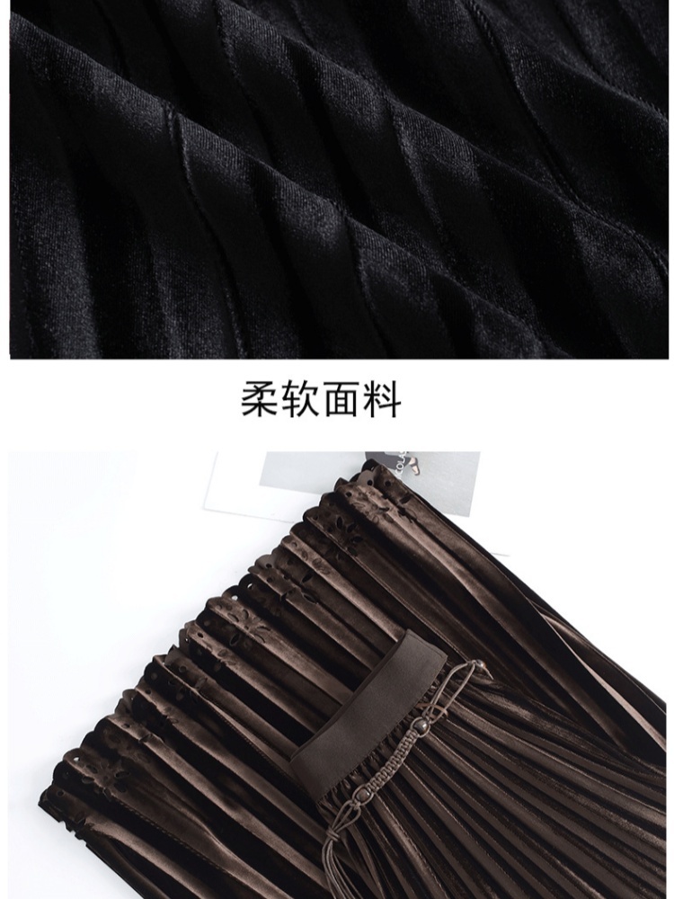 梦卓旋镂空花金丝绒百褶半裙ZS9389·咖色