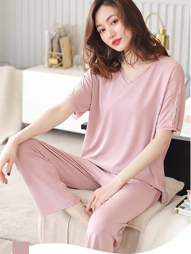 婵阅专柜高货蕾丝边夏天薄款宽松大码家居服套装·2242-蕾丝边