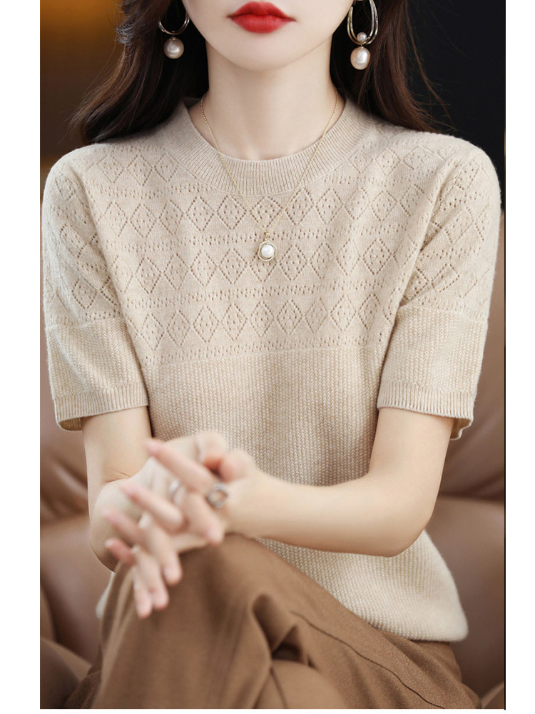 【新款特价】羊毛镂空设计感菱格气质百搭五分袖上衣·果绿色