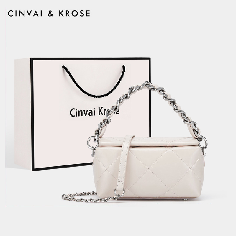 CinvaiKrose 包包女真皮斜挎包链条盒子小方包女士手提包B6364·米白色