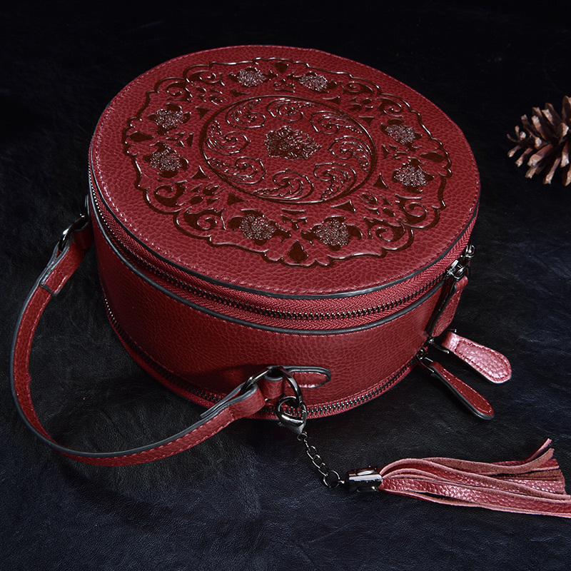 易世汀Y-ScheduleLasting新款时尚复古印花圆筒手提包9758-D·中国红