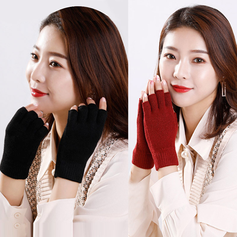 (2对4只)羊毛混纺男女同款可触屏手套·半指(黑色+锈红色)