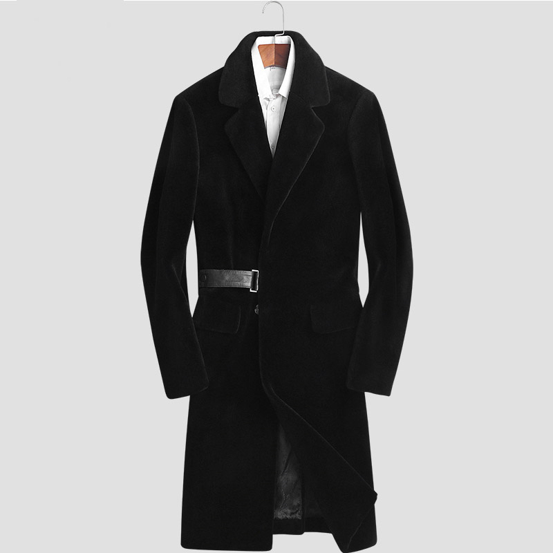 安柘娜男长款真皮西装领修身羊剪绒外套l080396·黑色