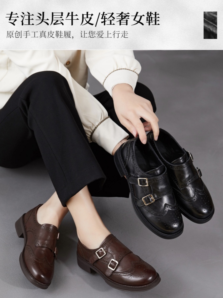 【手抓纹头层牛皮】至美轻软双扣乐福鞋ZM269009·黑色