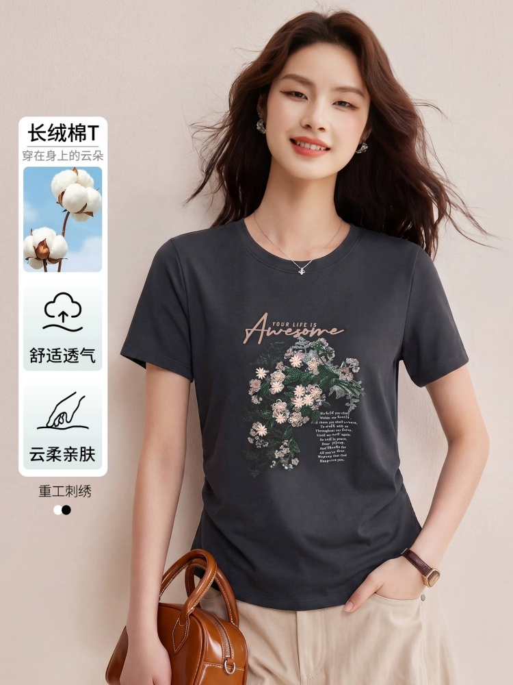 【90罗纹棉】修娴繁华似锦刺绣T恤W74·灰色