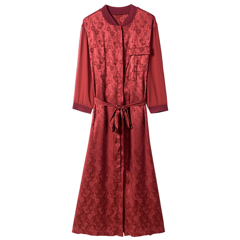 桑蚕丝纯色提花单排扣系带裙七分袖长裙·洋红色