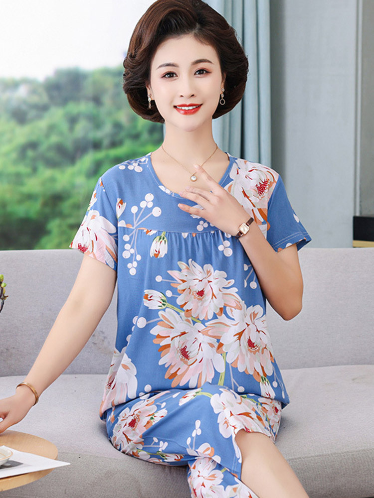 【短袖+七分裤】40支高密绵绸宽松印花套装·如梦花开