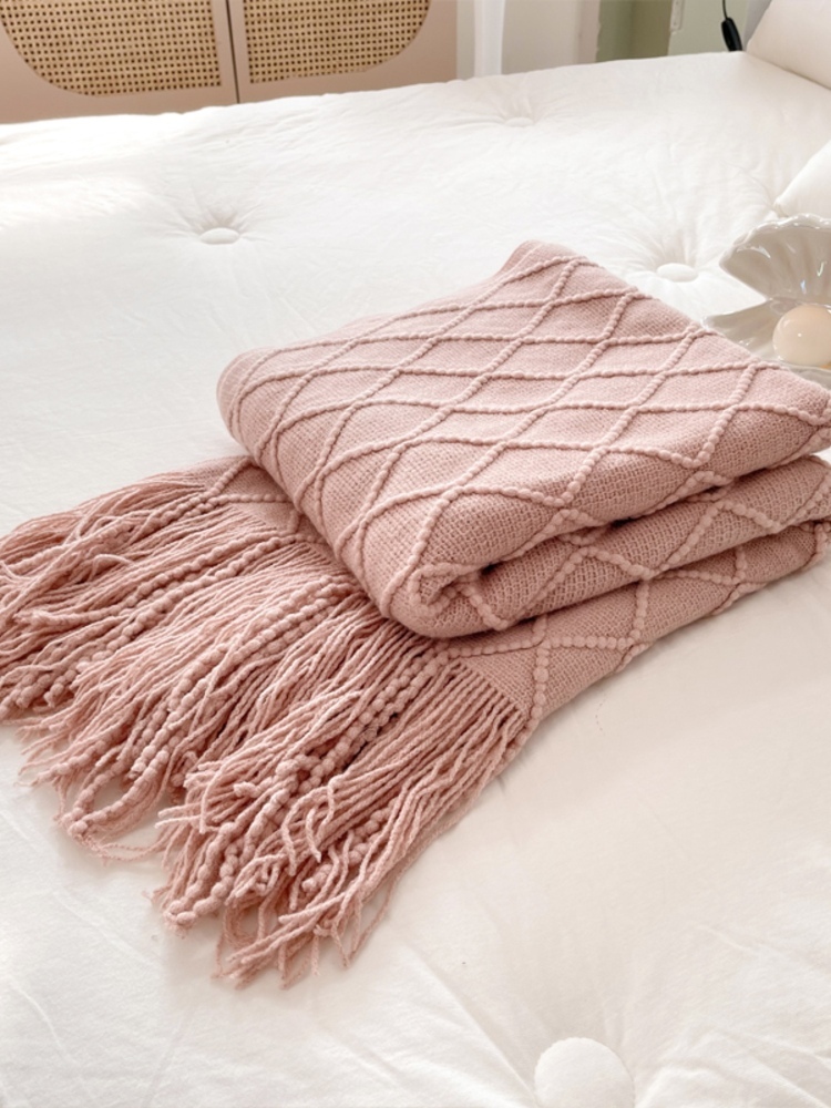 多宝雅针织流苏搭毯搭巾盖毯沙发巾床尾毯·嫩粉色