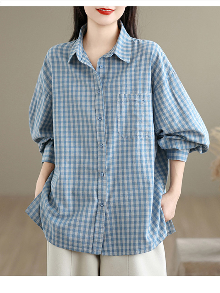 新款棉质格子宽松大码气质百搭长袖衬衫·浅蓝色