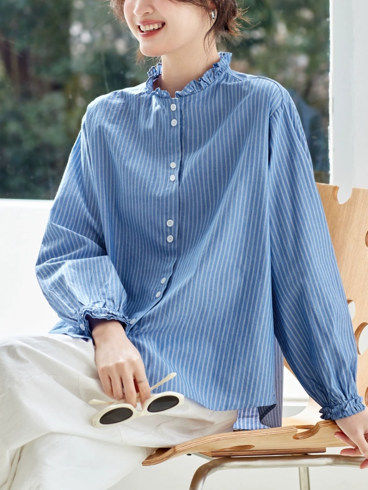 预售100棉可风各木耳领条纹衬衫61041·蓝条纹
