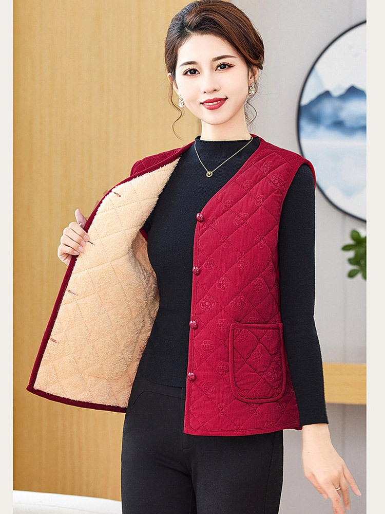 时尚格纹提花开扣加绒加厚保暖马甲·酒红色