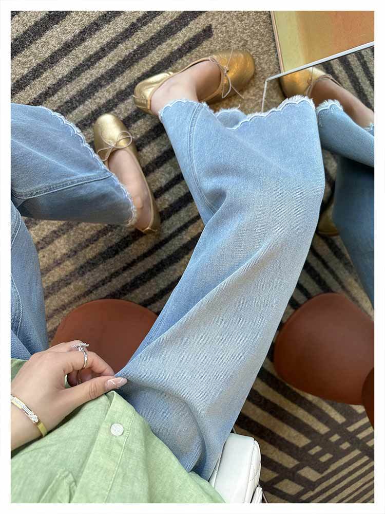 婵阅专柜高货腿型拯救者！~垂感花边直筒牛仔裤女夏薄款浅蓝色宽松阔腿九分裤-浅蓝色