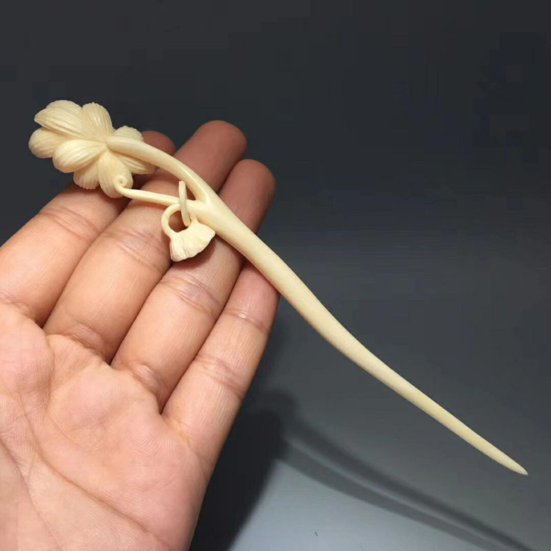 老冯记猛犸象牙精工莲花发簪优雅古国风十足上身古朴典雅大师手工精雕