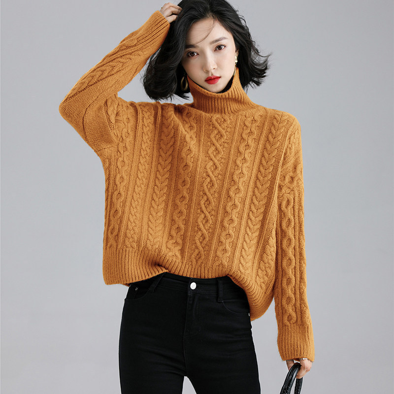 凁侈 宽松减龄麻花高领针织毛衣·咸菜绿