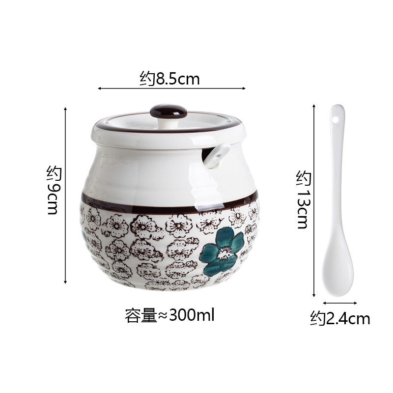 日式陶瓷猪油罐家用耐高温辣椒油罐带盖勺调料罐糖罐盐罐·蓝花
