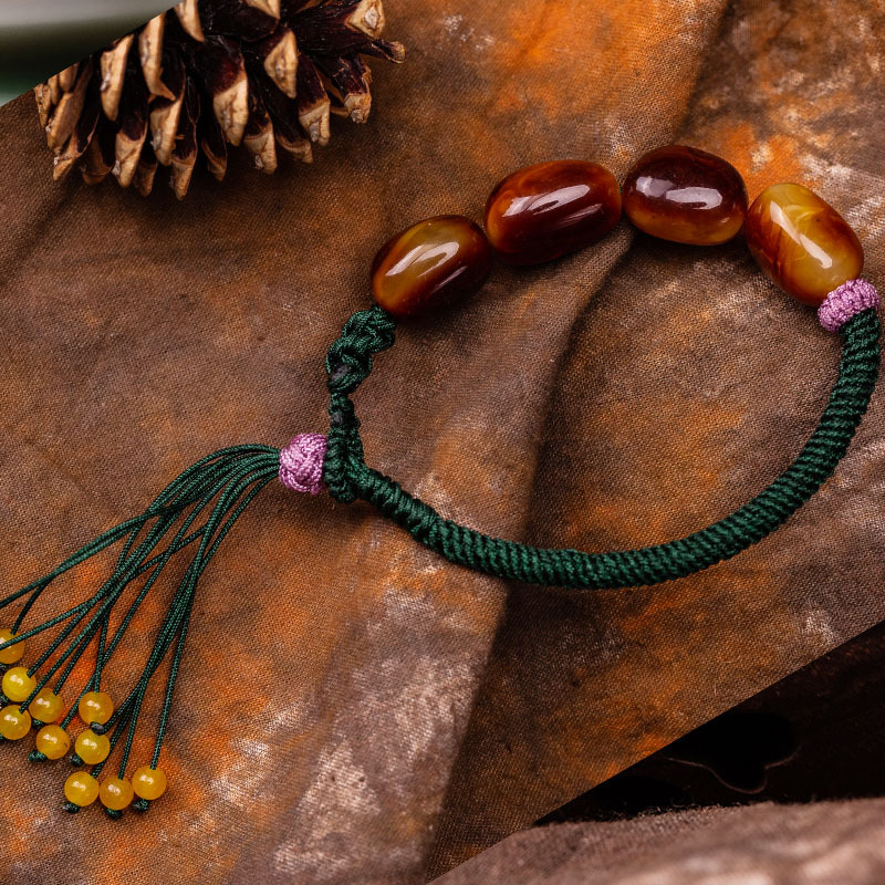 缔梵珠宝纯手工编绳老蜡枣珠手串流苏肉质饱满(台湾丝线可水洗)·琥珀