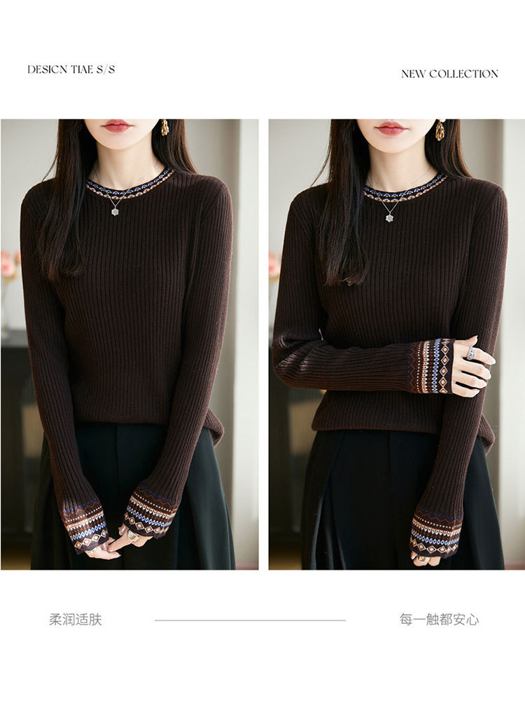 【爆款特价】精纺羊毛复古提花坑条显瘦百搭毛衣·深咖色