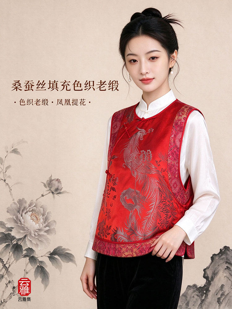 锦100桑蚕丝填充色织老缎马甲JXXF20260345·丹凤红底灰花