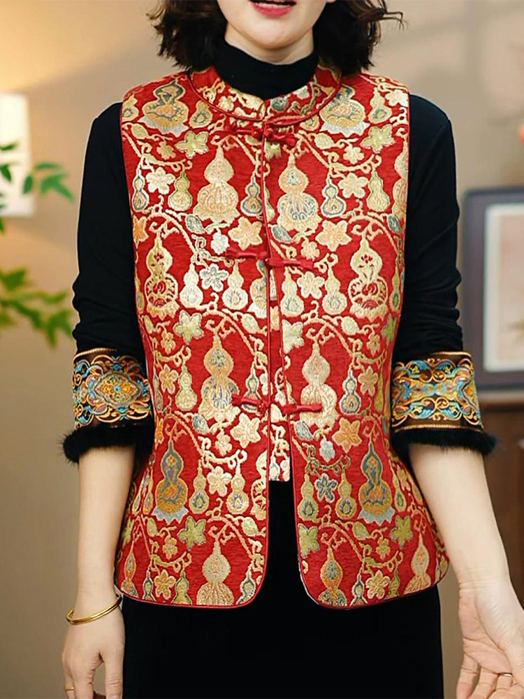 【爆款热卖】新中式国风盘扣夹棉保暖气质提花马甲·紫色