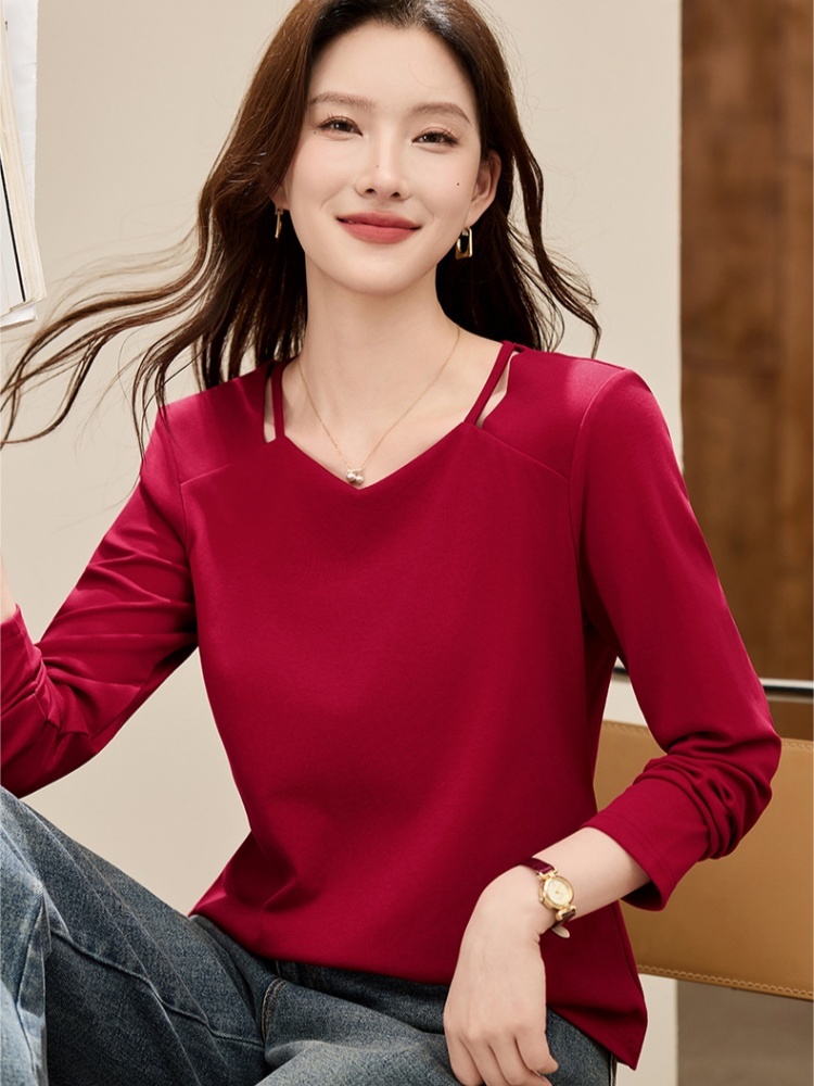 【92精梳棉】轩凌子镂空领边T恤XS82530123·酒红色