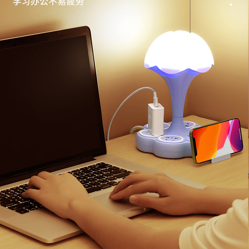 遥控多功能护眼台灯USB插座调光小台灯卧室床头灯小夜灯·蓝色