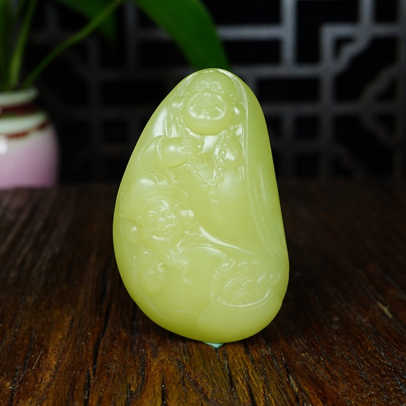 (精品)美润和田玉黄口料正鸡油黄财福双至挂件