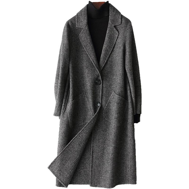 安柘娜新款羊毛呢子大衣女人字纹海宁双面毛呢外套长款K38081·黑白