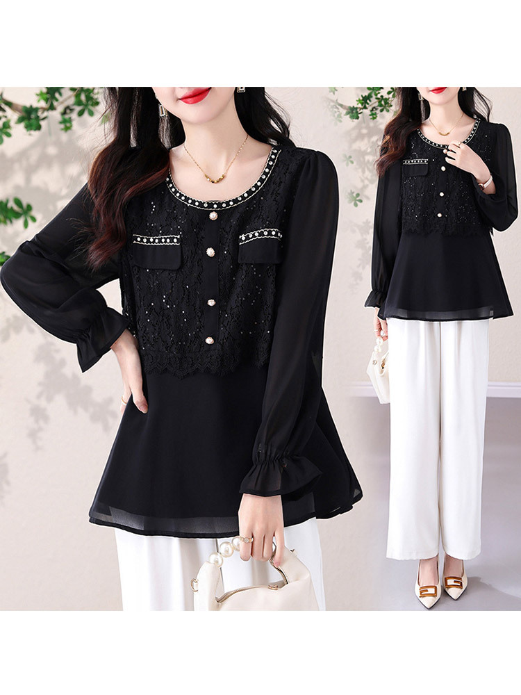 新款蕾丝亮皮拼接假两件宽松显瘦圆领雪纺衫·黑色