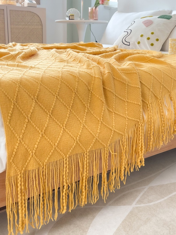 多宝雅针织流苏搭毯搭巾盖毯沙发巾床尾毯·杏黄色