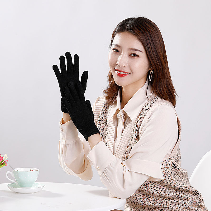 (2对4只)羊毛混纺男女同款可触屏手套·五指(黑色+锈红色)