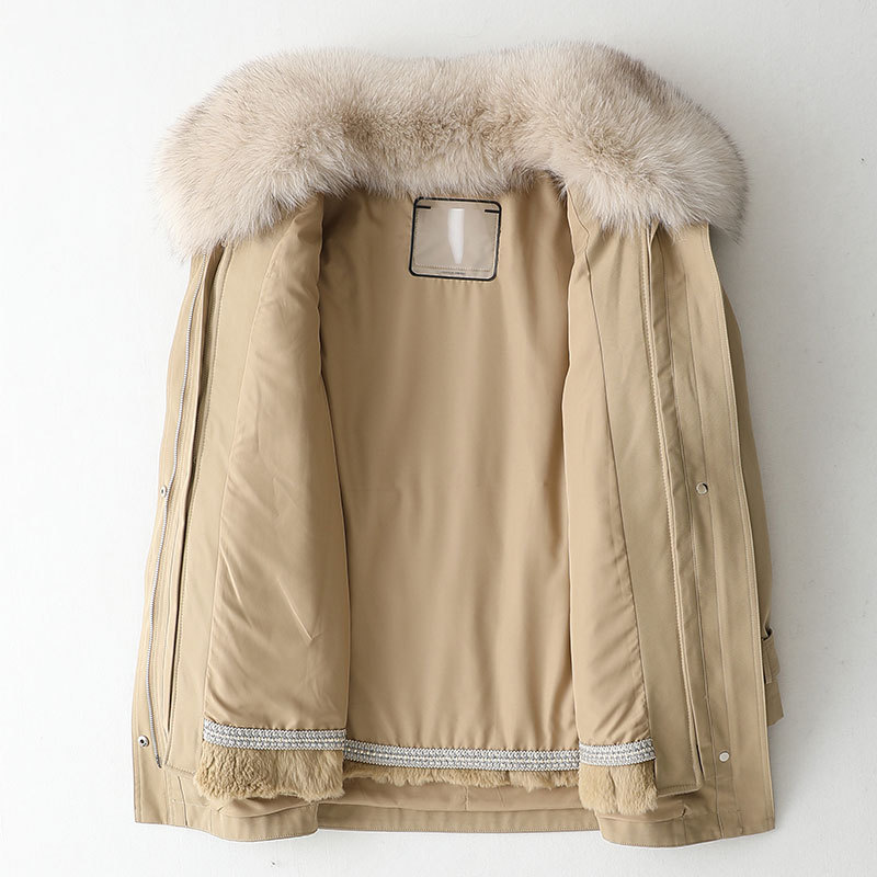 安柘娜冬季新款兔毛内胆皮草派克服女短款狐狸毛领尼克服外套k49806