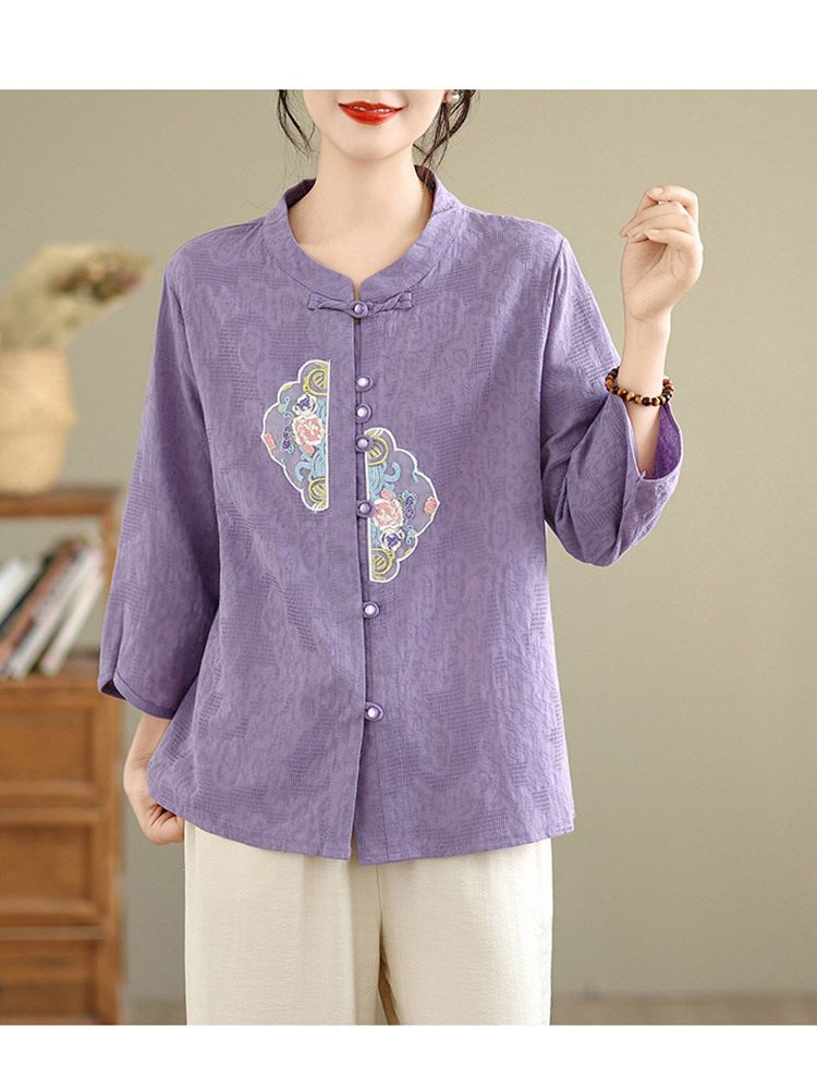 棉麻刺绣复古盘扣气质显瘦上衣·粉色上衣