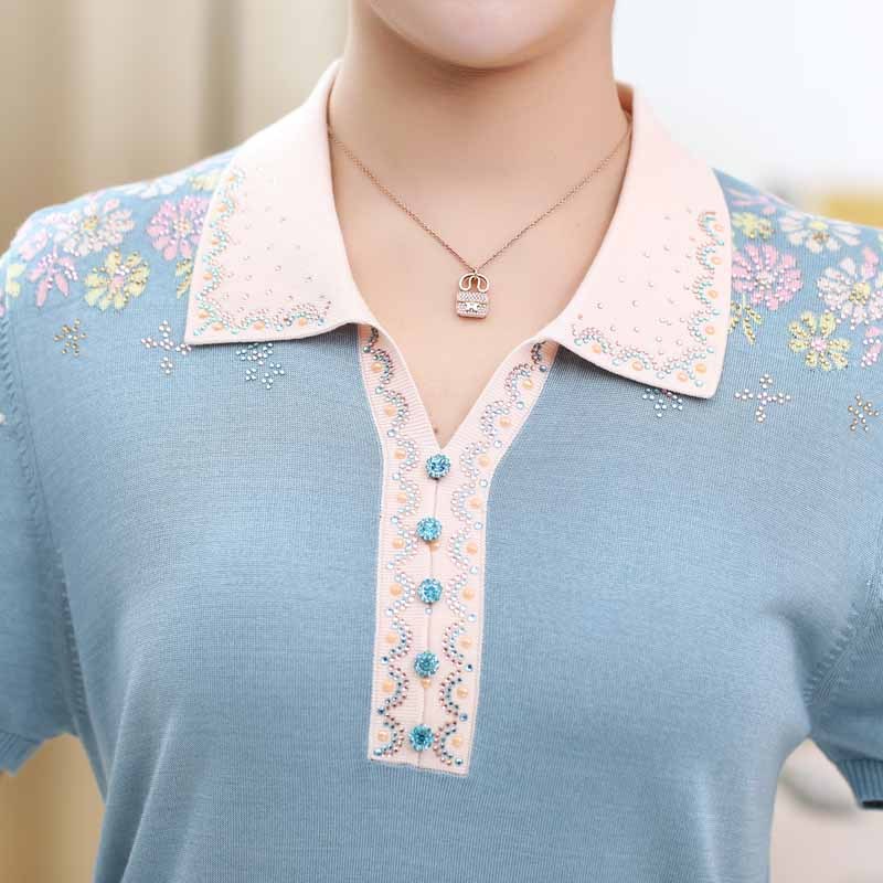 气质妈妈夏装冰丝针织翻领短袖衫99863（三色可选）·粉色