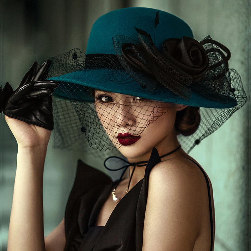 丁摩英伦复古赫本帽羊毛毡帽秋冬宴会礼帽女士保暖网纱帽蝴蝶结大檐帽