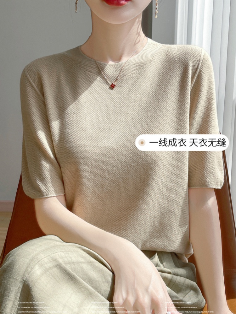 特舒精纺绢丝羊毛半袖针织衫TS-008·酒红色