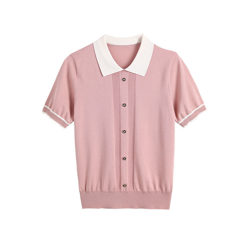 玉露浓 冰丝针织 翻领短袖POLO衫·粉色