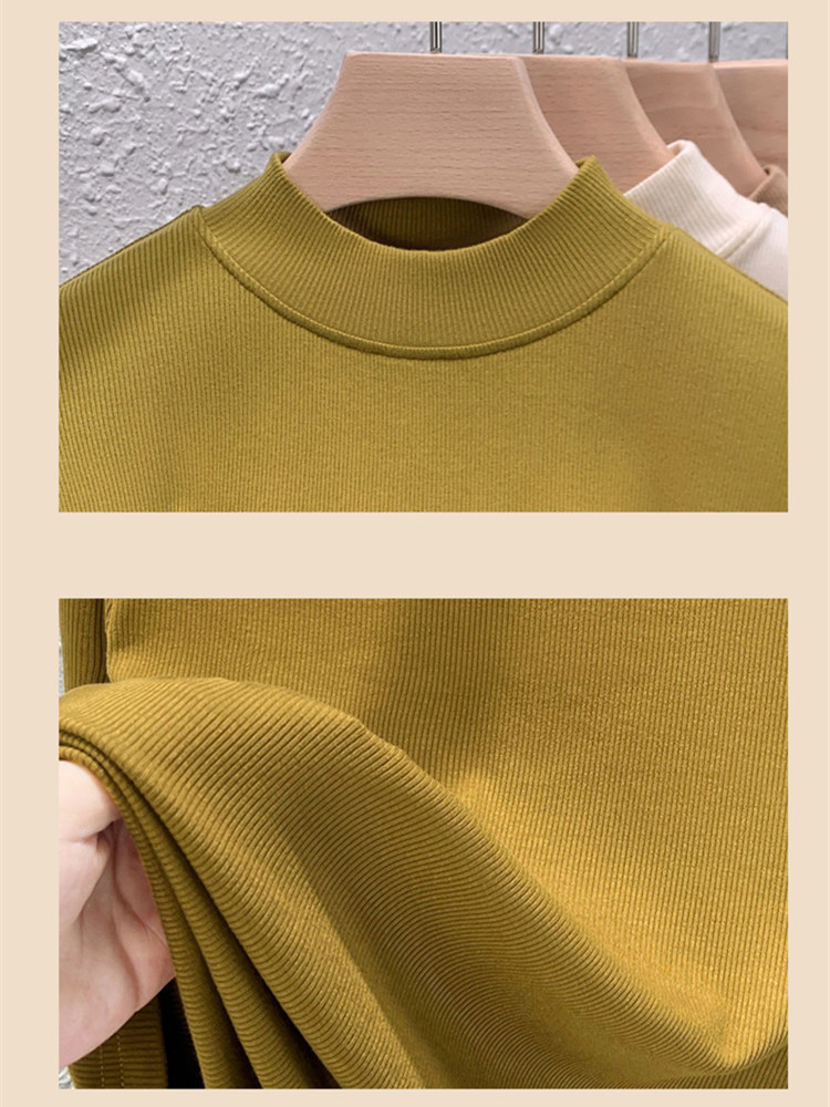 修娴羊绒蛋白莫代尔小立领五分袖T恤R6120·黄绿色