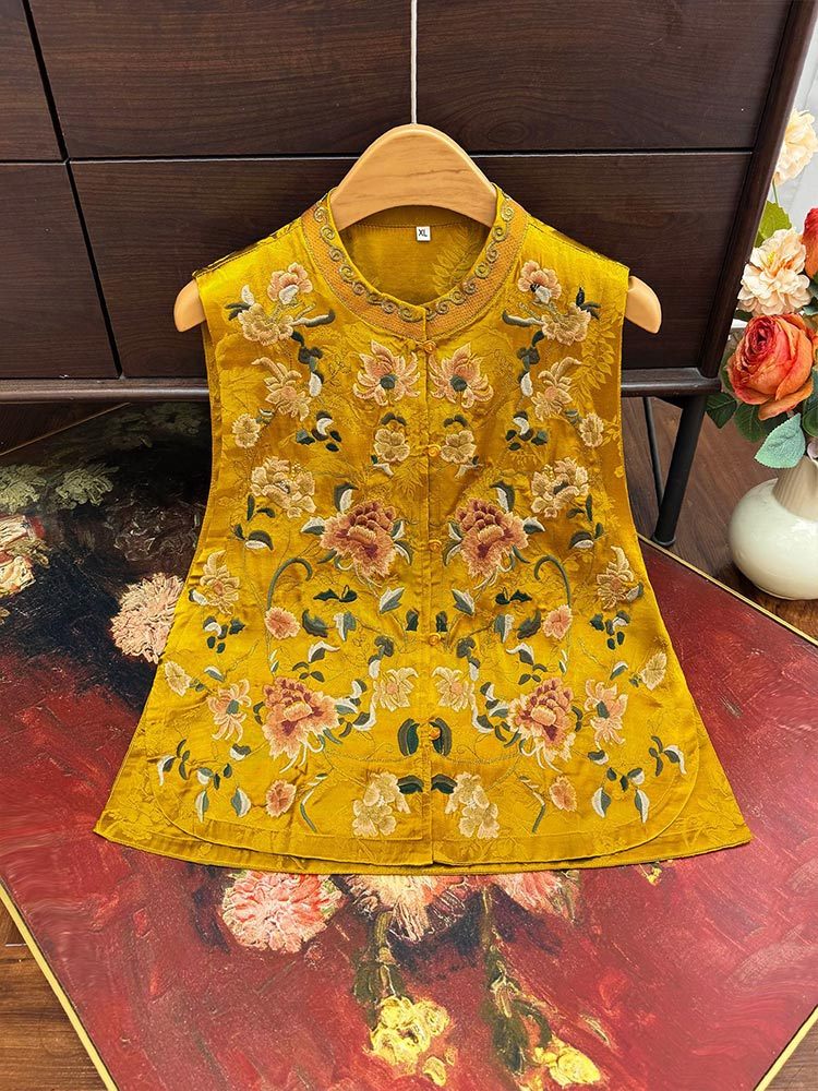 婵阅专柜高货【吉祥如意】新中式立领重工刺绣提花工艺马甲·034-绿色