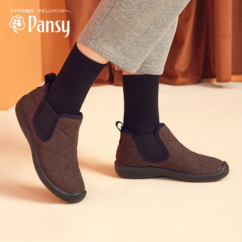 Pansy日本女靴平底防滑舒适短靴秋冬款妈妈鞋冬季百搭高帮鞋4075·酒红色