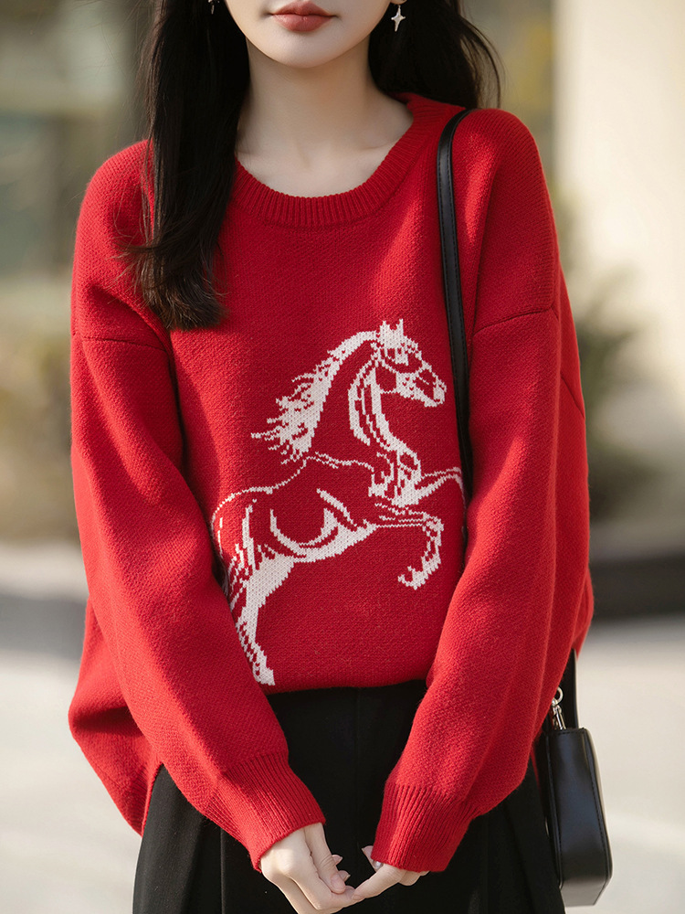 2026新款马年刺绣提花圆领宽松显瘦毛衣·一匹马