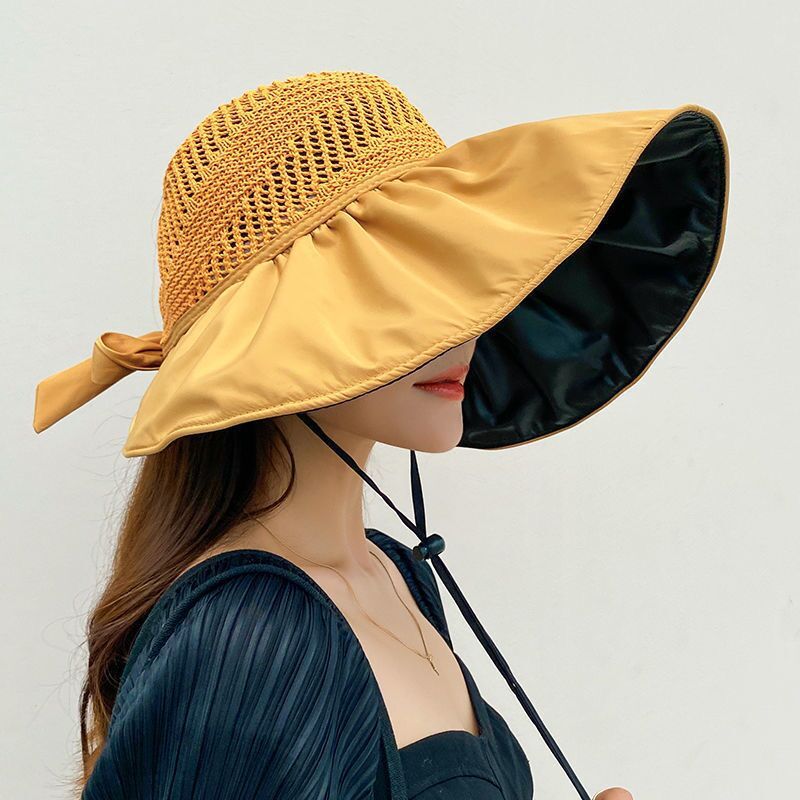 玉露浓 UPF50+黑胶涂层防晒可折叠空顶太阳帽·黄色