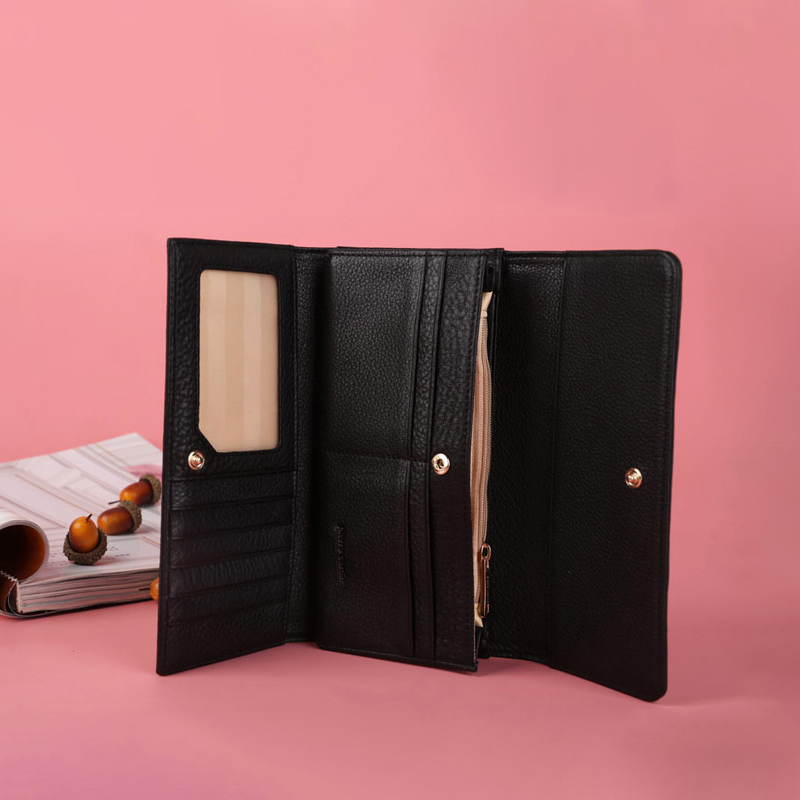 皮尔卡丹女士潮流风尚三折女钱夹长款牛皮票夹礼盒黑色