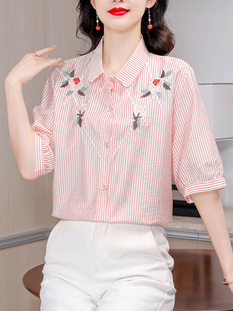 新款棉麻刺绣条纹翻领显瘦减龄上衣·粉色