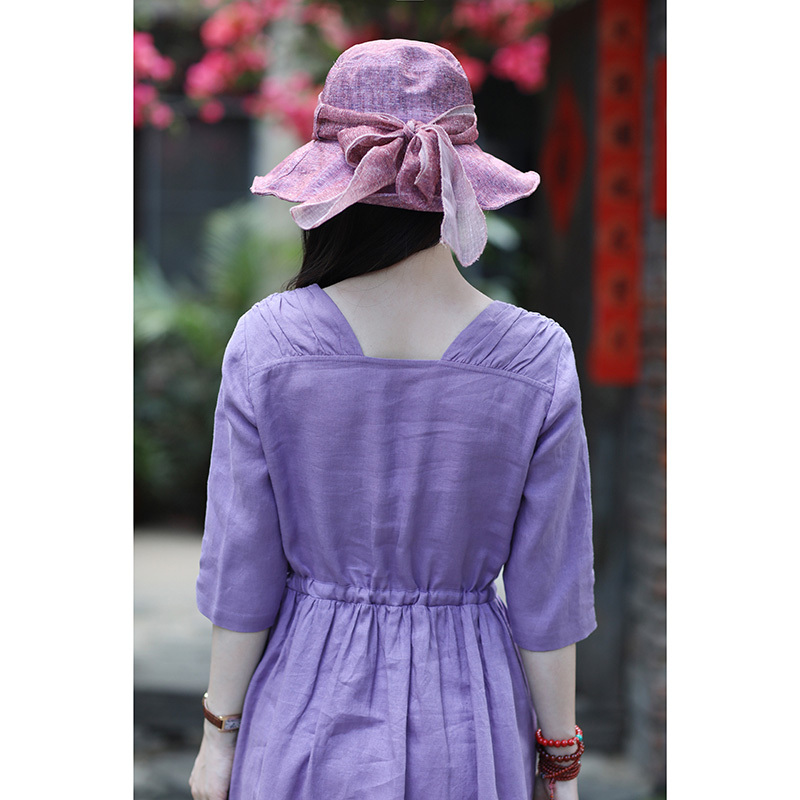 丁摩 新款旅行文艺苎麻连衣裙·19-QL130紫色