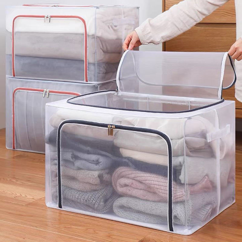 透明钢架收纳箱80L*2个 网纱PVC可折叠透气脏衣篮收纳储物箱