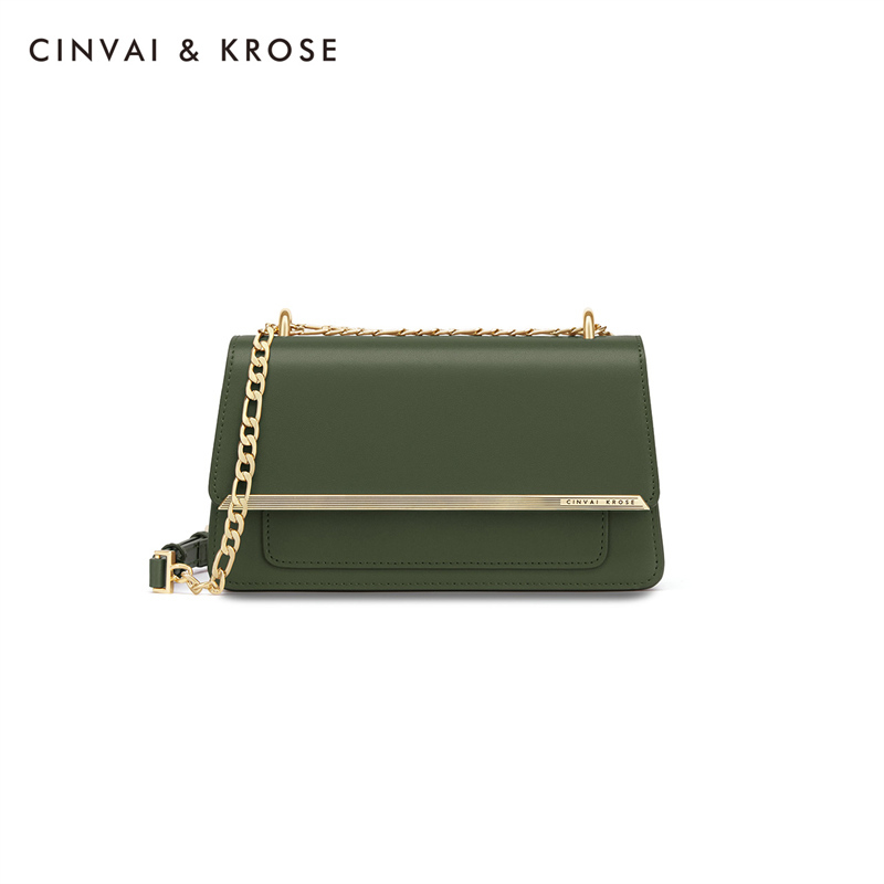 CinvaiKrose 牛皮包包新款时尚斜挎小方包女士链条单肩包潮女包B6288·绿色