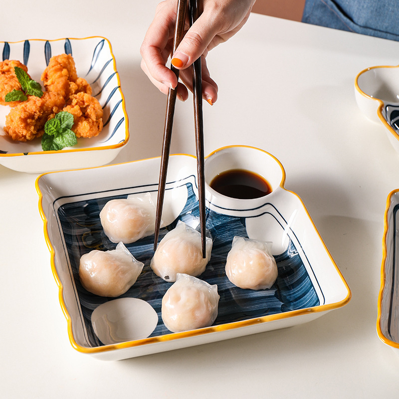 陶瓷饺子盘餐具带醋碟一体水饺盘子甜品盘寿司盘4个