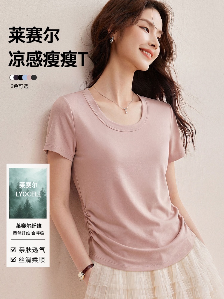 【凉感天丝】修娴U领抽褶T恤W128·品质白
