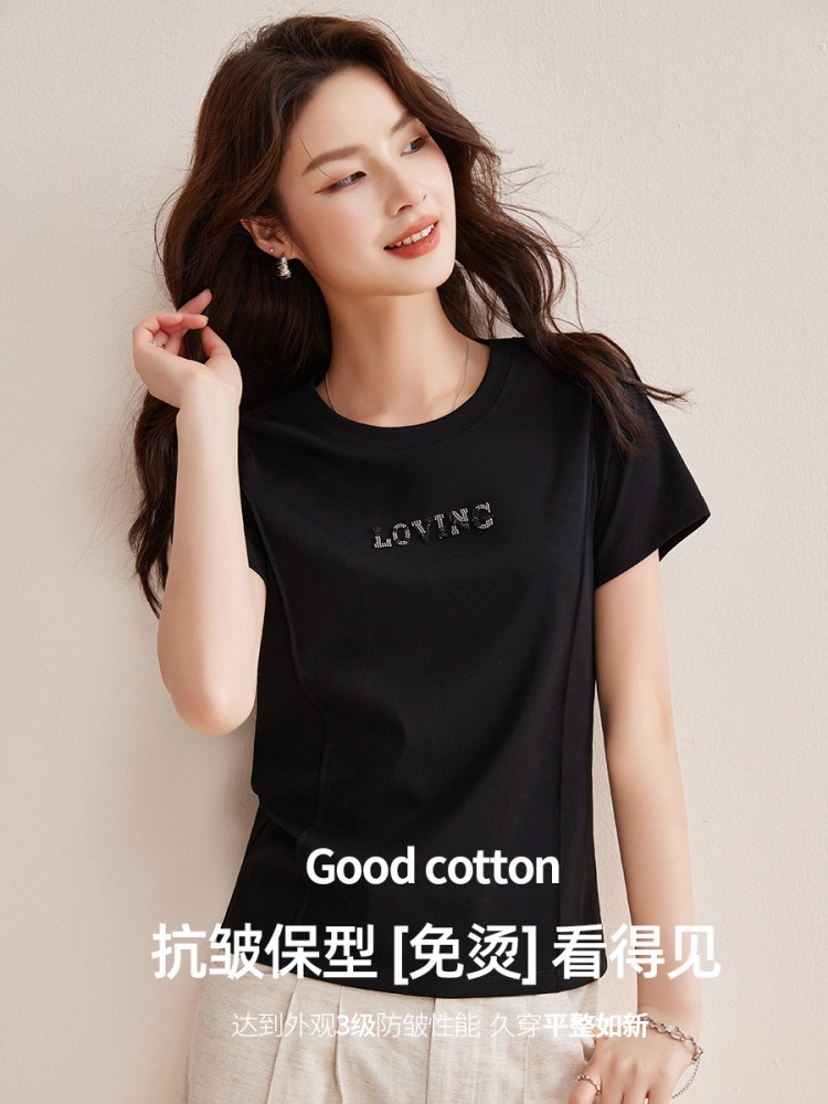 【80S丝光长绒棉】修娴抗皱字母烫钻T恤W36·白色